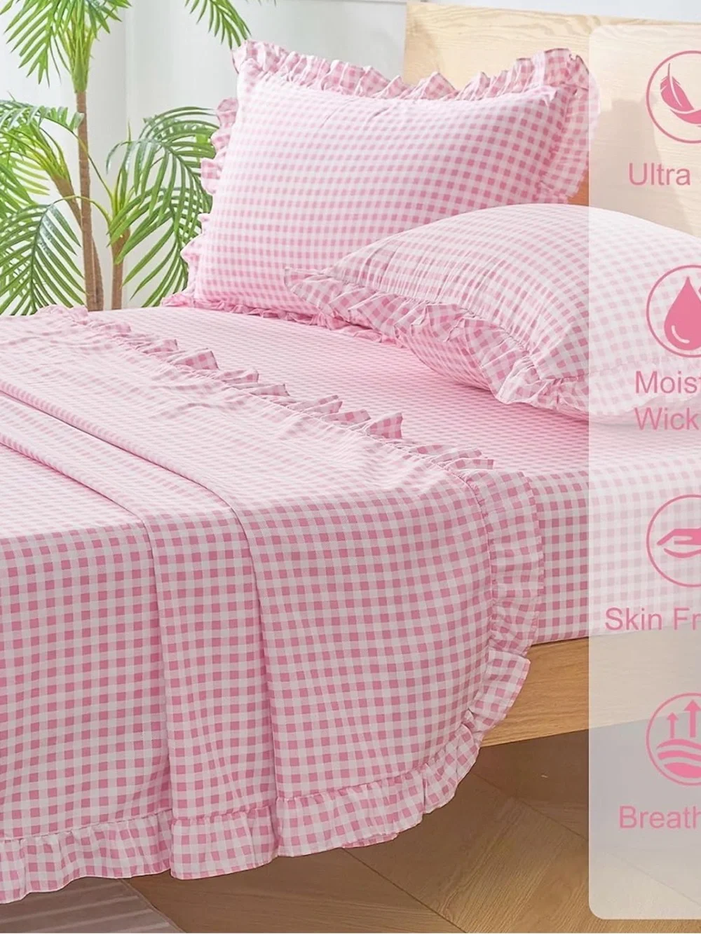 Gingham Pink New Twin Sheet Set Decorate Farmhouse Ruffle